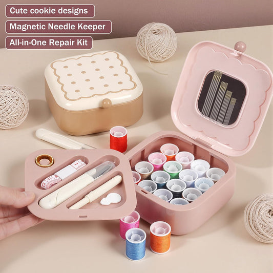 Small Sewing Kit Box: Cute Portable 2-Layer Organizer Magnetic Needle and Thread Kits Holder Basic Case - Home Clothes Repair for Beginners (Pink)
