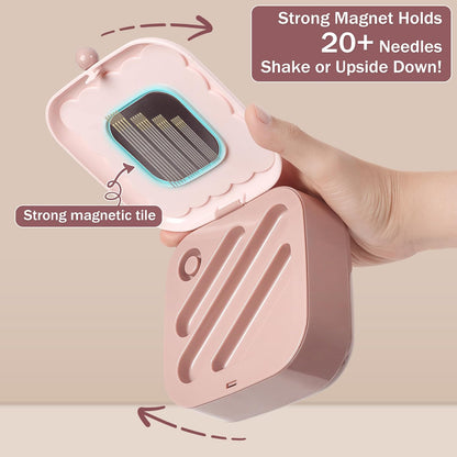 Small Sewing Kit Box: Cute Portable 2-Layer Organizer Magnetic Needle and Thread Kits Holder Basic Case - Home Clothes Repair for Beginners (Pink)
