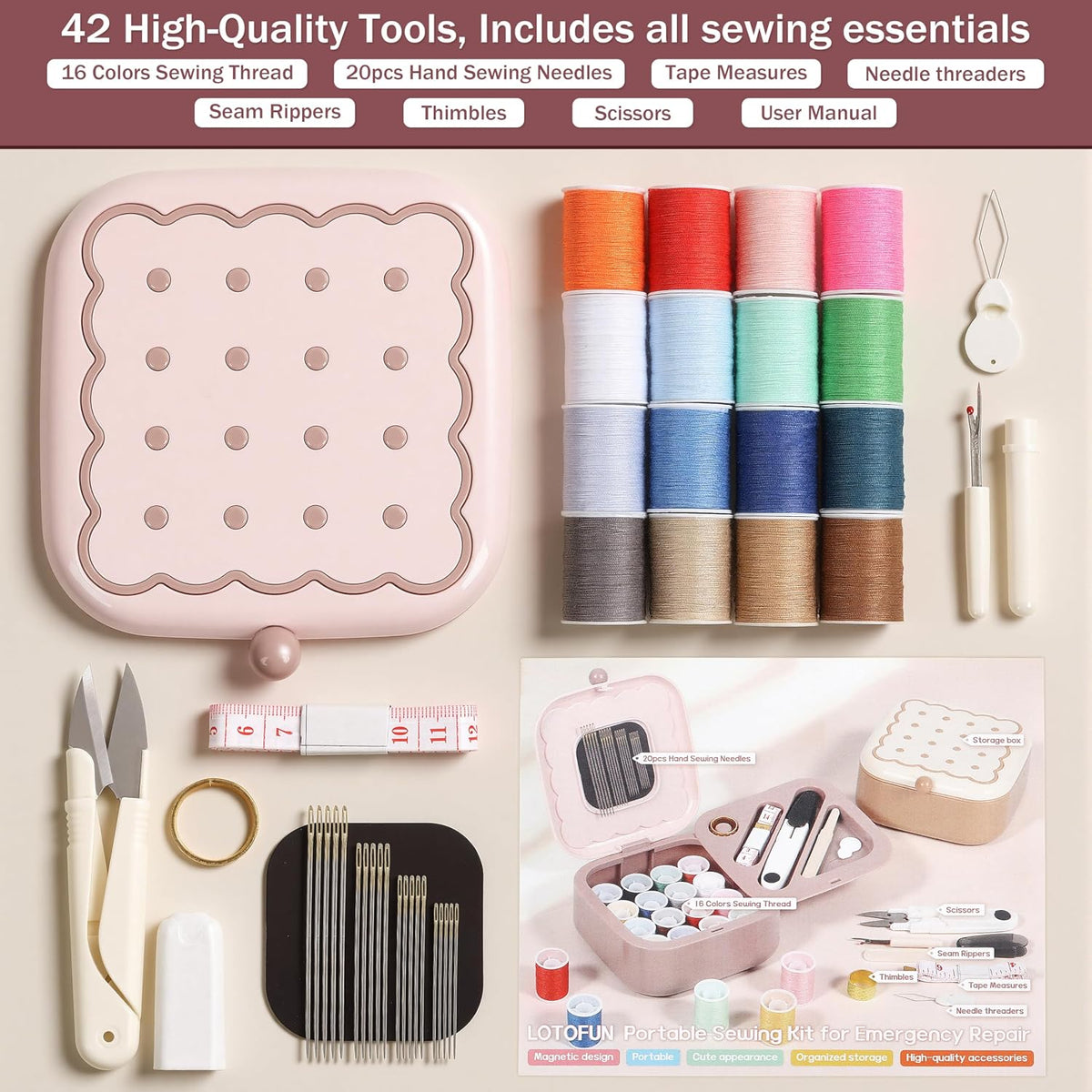 Small Sewing Kit Box: Cute Portable 2-Layer Organizer Magnetic Needle and Thread Kits Holder Basic Case - Home Clothes Repair for Beginners (Pink)
