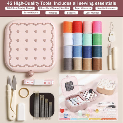 Small Sewing Kit Box: Cute Portable 2-Layer Organizer Magnetic Needle and Thread Kits Holder Basic Case - Home Clothes Repair for Beginners (Pink)