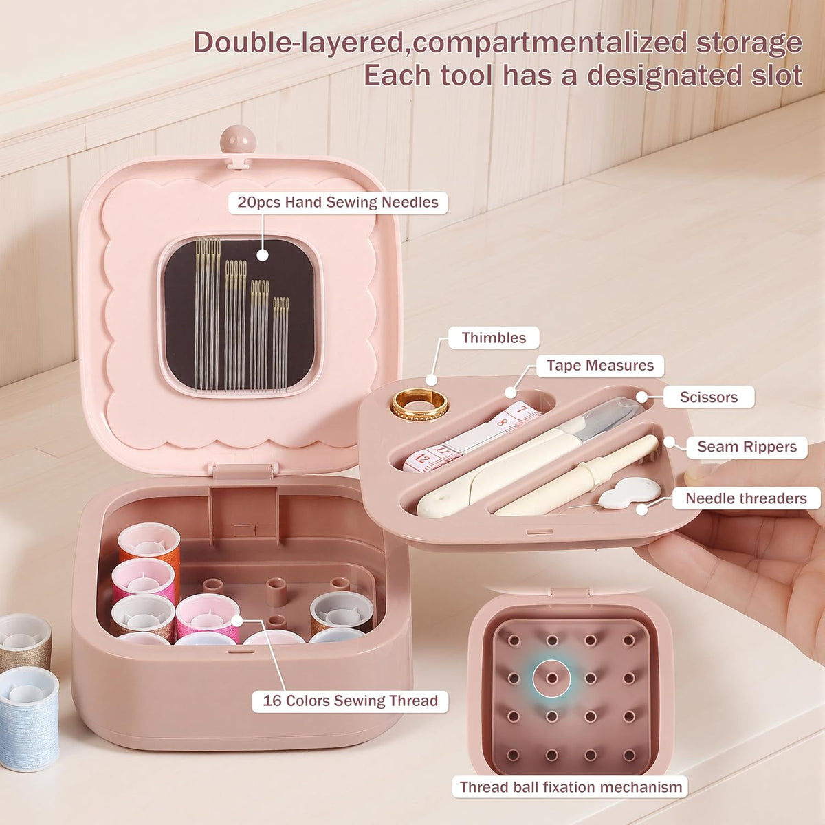 Small Sewing Kit Box: Cute Portable 2-Layer Organizer Magnetic Needle and Thread Kits Holder Basic Case - Home Clothes Repair for Beginners (Pink)