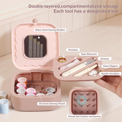 Small Sewing Kit Box: Cute Portable 2-Layer Organizer Magnetic Needle and Thread Kits Holder Basic Case - Home Clothes Repair for Beginners (Pink)