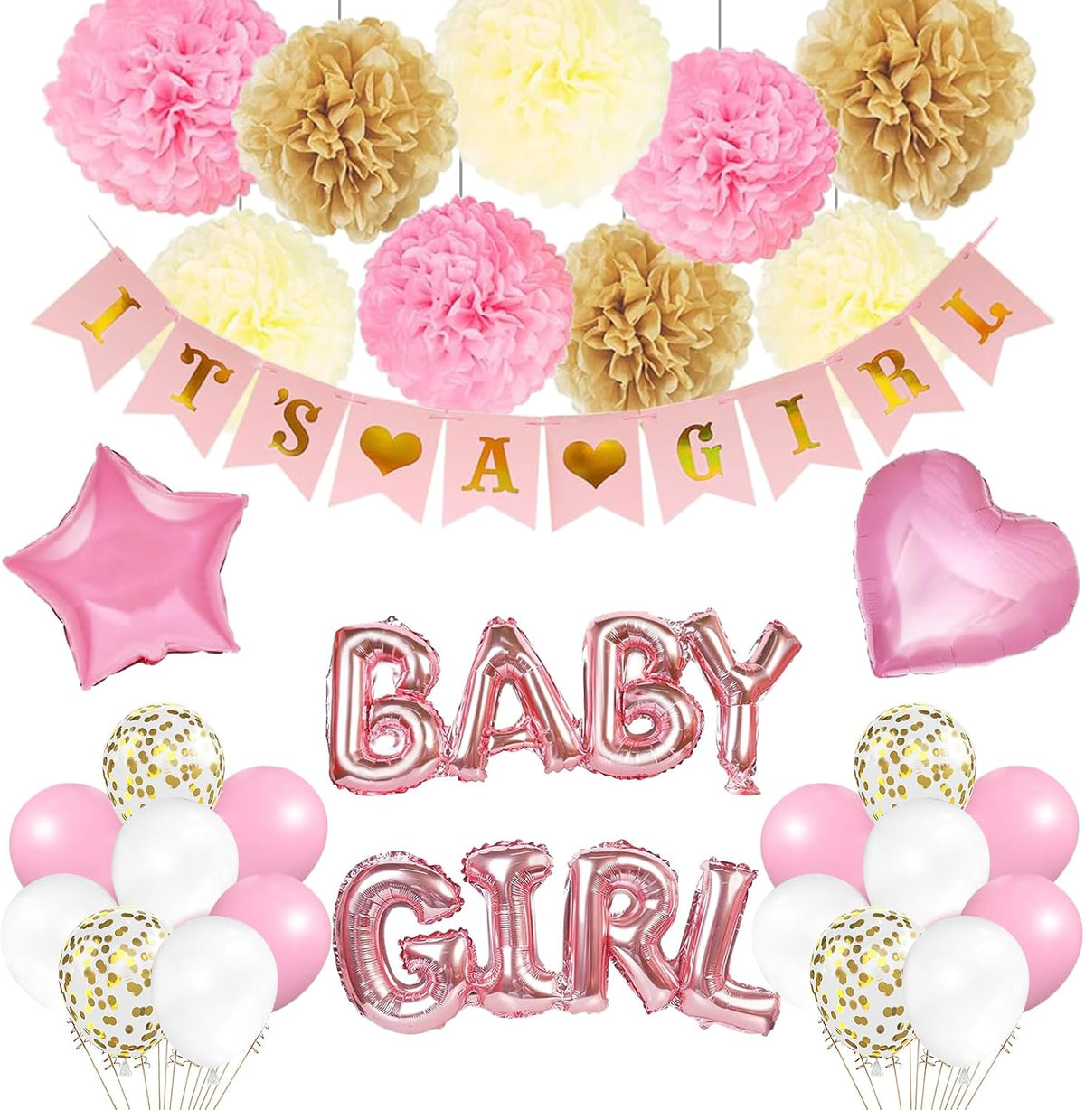 Girl Baby Shower Gender Reveal Party Supplies，Pink Baby Shower Decorations for Girl with Its a , Baby Girl Letter Pink Gold Confetti Balloons Paper，Tissue Paper Flower Pom Poms Party