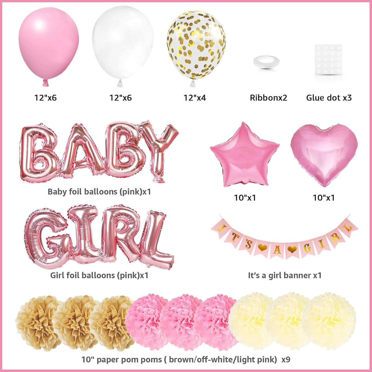 Girl Baby Shower Gender Reveal Party Supplies，Pink Baby Shower Decorations for Girl with Its a , Baby Girl Letter Pink Gold Confetti Balloons Paper，Tissue Paper Flower Pom Poms Party
