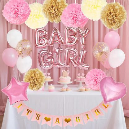 Girl Baby Shower Gender Reveal Party Supplies，Pink Baby Shower Decorations for Girl with Its a , Baby Girl Letter Pink Gold Confetti Balloons Paper，Tissue Paper Flower Pom Poms Party