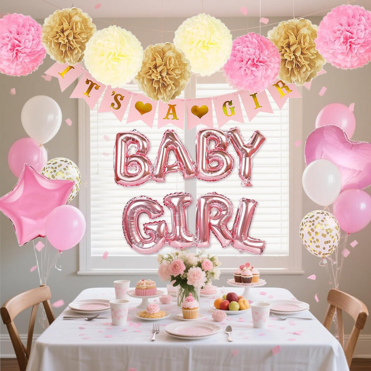 Girl Baby Shower Gender Reveal Party Supplies，Pink Baby Shower Decorations for Girl with Its a , Baby Girl Letter Pink Gold Confetti Balloons Paper，Tissue Paper Flower Pom Poms Party