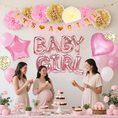 Girl Baby Shower Gender Reveal Party Supplies，Pink Baby Shower Decorations for Girl with Its a , Baby Girl Letter Pink Gold Confetti Balloons Paper，Tissue Paper Flower Pom Poms Party