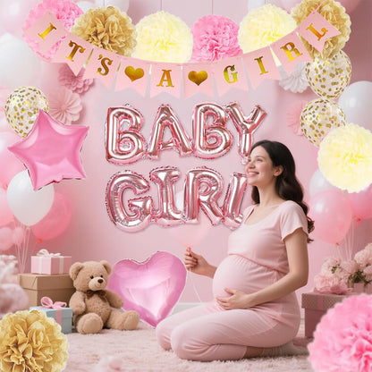Girl Baby Shower Gender Reveal Party Supplies，Pink Baby Shower Decorations for Girl with Its a , Baby Girl Letter Pink Gold Confetti Balloons Paper，Tissue Paper Flower Pom Poms Party