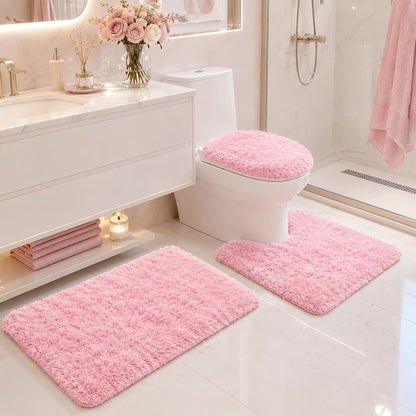 Shaggy Bathroom Rugs Sets 3Piece Bath Mat for Bathrom Non-Slip Bathrom Mats Water Absorbent Bath Rug Floor Mats Soft Washable Shower Rug with U-Shaped Contour Rug Toilet Lid Cover Light Pink