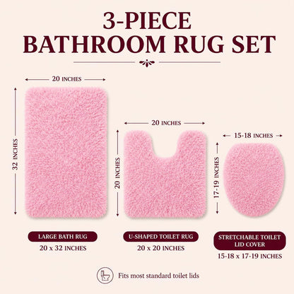 Shaggy Bathroom Rugs Sets 3Piece Bath Mat for Bathrom Non-Slip Bathrom Mats Water Absorbent Bath Rug Floor Mats Soft Washable Shower Rug with U-Shaped Contour Rug Toilet Lid Cover Light Pink