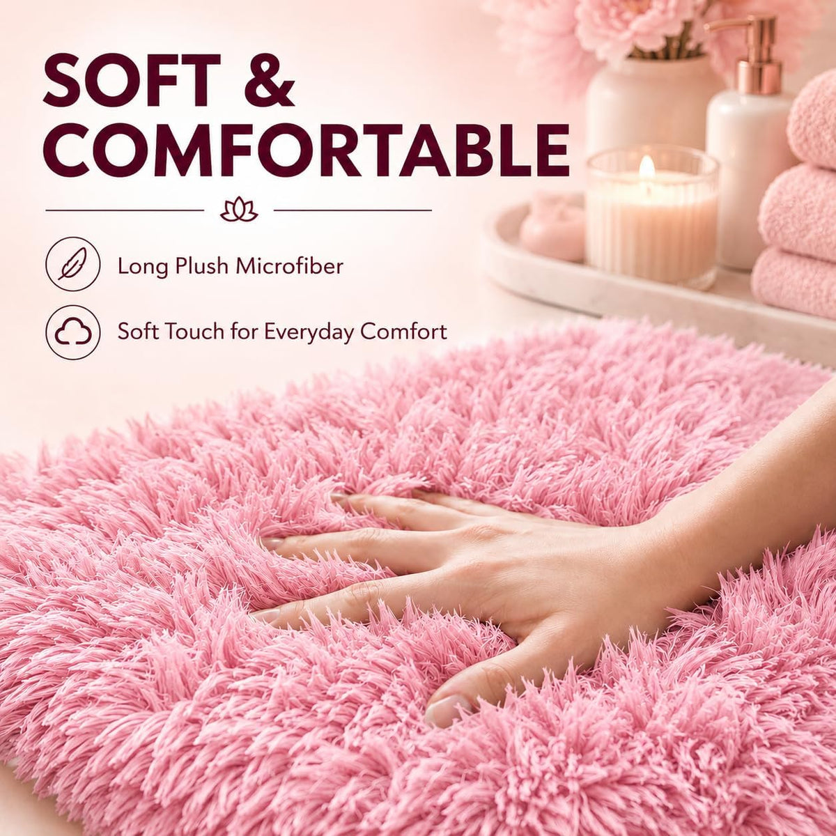 Shaggy Bathroom Rugs Sets 3Piece Bath Mat for Bathrom Non-Slip Bathrom Mats Water Absorbent Bath Rug Floor Mats Soft Washable Shower Rug with U-Shaped Contour Rug Toilet Lid Cover Light Pink