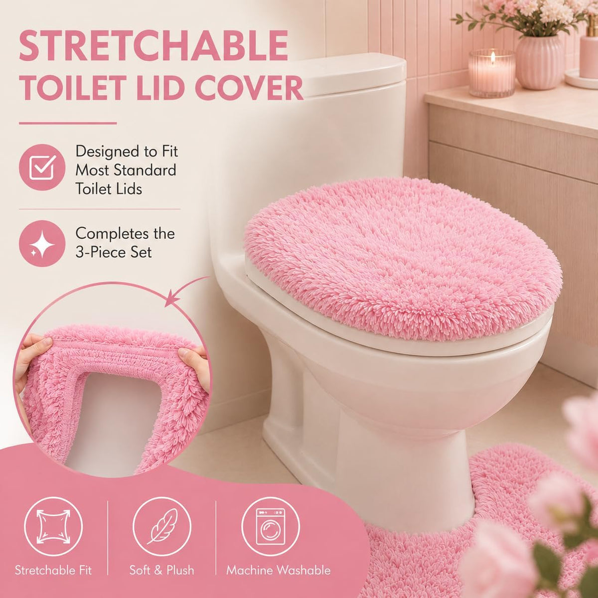 Shaggy Bathroom Rugs Sets 3Piece Bath Mat for Bathrom Non-Slip Bathrom Mats Water Absorbent Bath Rug Floor Mats Soft Washable Shower Rug with U-Shaped Contour Rug Toilet Lid Cover Light Pink