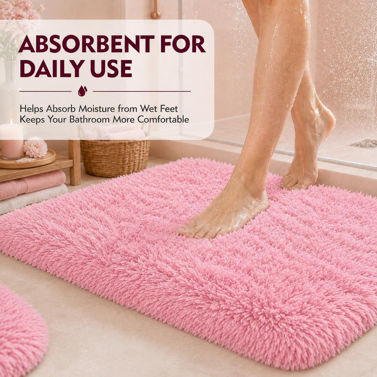 Shaggy Bathroom Rugs Sets 3Piece Bath Mat for Bathrom Non-Slip Bathrom Mats Water Absorbent Bath Rug Floor Mats Soft Washable Shower Rug with U-Shaped Contour Rug Toilet Lid Cover Light Pink