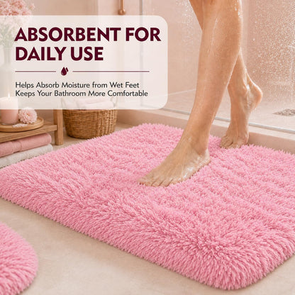Shaggy Bathroom Rugs Sets 3Piece Bath Mat for Bathrom Non-Slip Bathrom Mats Water Absorbent Bath Rug Floor Mats Soft Washable Shower Rug with U-Shaped Contour Rug Toilet Lid Cover Light Pink