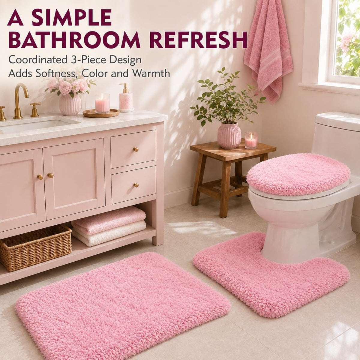 Shaggy Bathroom Rugs Sets 3Piece Bath Mat for Bathrom Non-Slip Bathrom Mats Water Absorbent Bath Rug Floor Mats Soft Washable Shower Rug with U-Shaped Contour Rug Toilet Lid Cover Light Pink