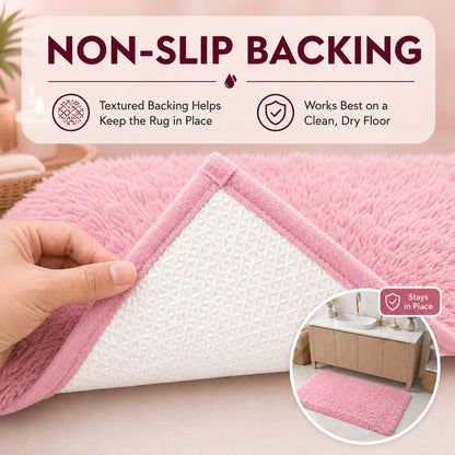 Shaggy Bathroom Rugs Sets 3Piece Bath Mat for Bathrom Non-Slip Bathrom Mats Water Absorbent Bath Rug Floor Mats Soft Washable Shower Rug with U-Shaped Contour Rug Toilet Lid Cover Light Pink