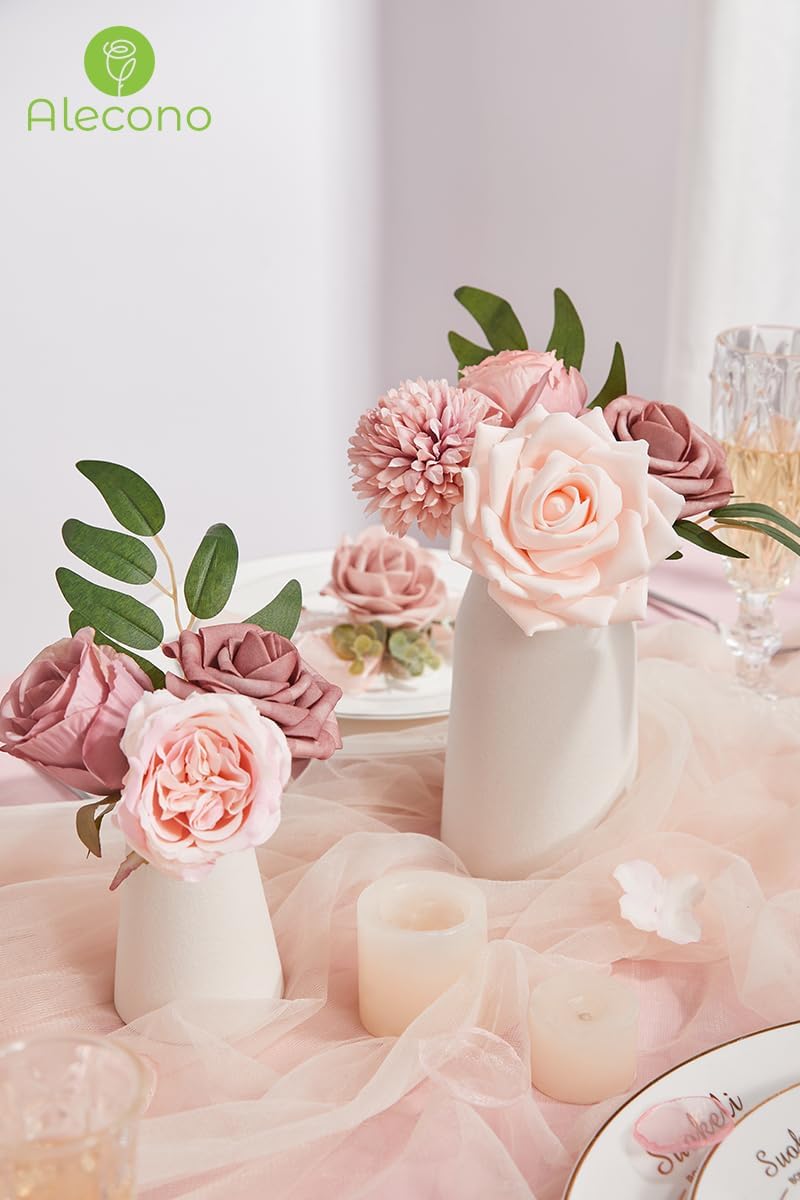 Alecono Artificial Flowers, Dusty Pink Silk Fake Flowers for DIY Wedding Bridal Bouquets, Wedding Cake Flowers for Table Centerpieces Baby Shower Birthday Party Home Decorations