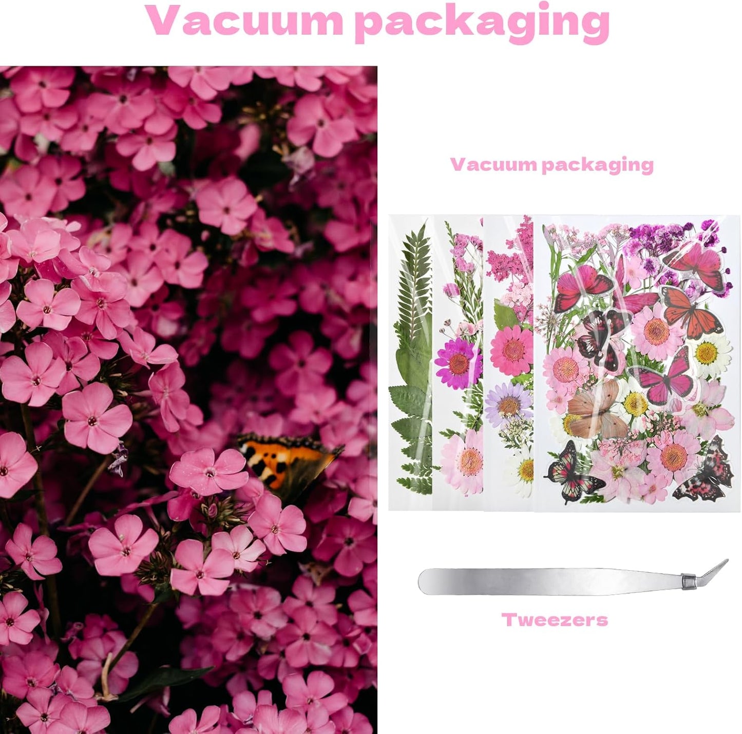 Dried Flowers for Resin 116Pcs | Pink Real Natural Pressed Flowers with 10 Butterfly Stickers, Dried Leaves kit for Scrapbook Supplies Card Making Resin