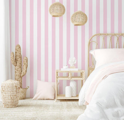 Pink and White Peel and Stick Wallpaper Striped Cute 17.7"x118"