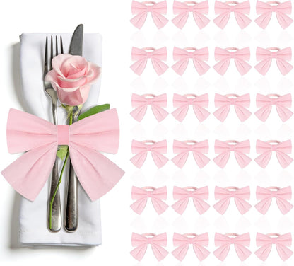 24 Pcs Pink Bow Napkin Rings,Velvet Napkin Ring Buckle Holders for Holiday Serviette,Wedding Napkin Rings,Birthday Anniversary Party Dinner Valentines Day Wedding Dining Tableware Decor