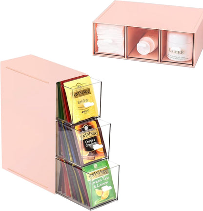 Plastic Clear Tea Box, Tea Bag Organizer with 3 Drawers for Sugar Sachets