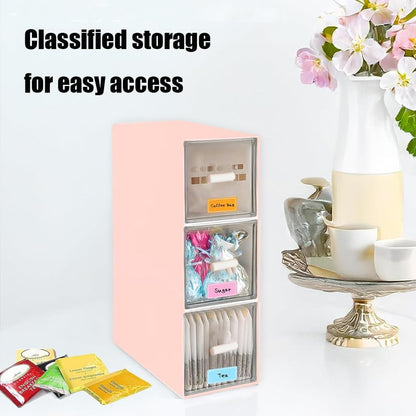 Plastic Clear Tea Box, Tea Bag Organizer with 3 Drawers for Sugar Sachets