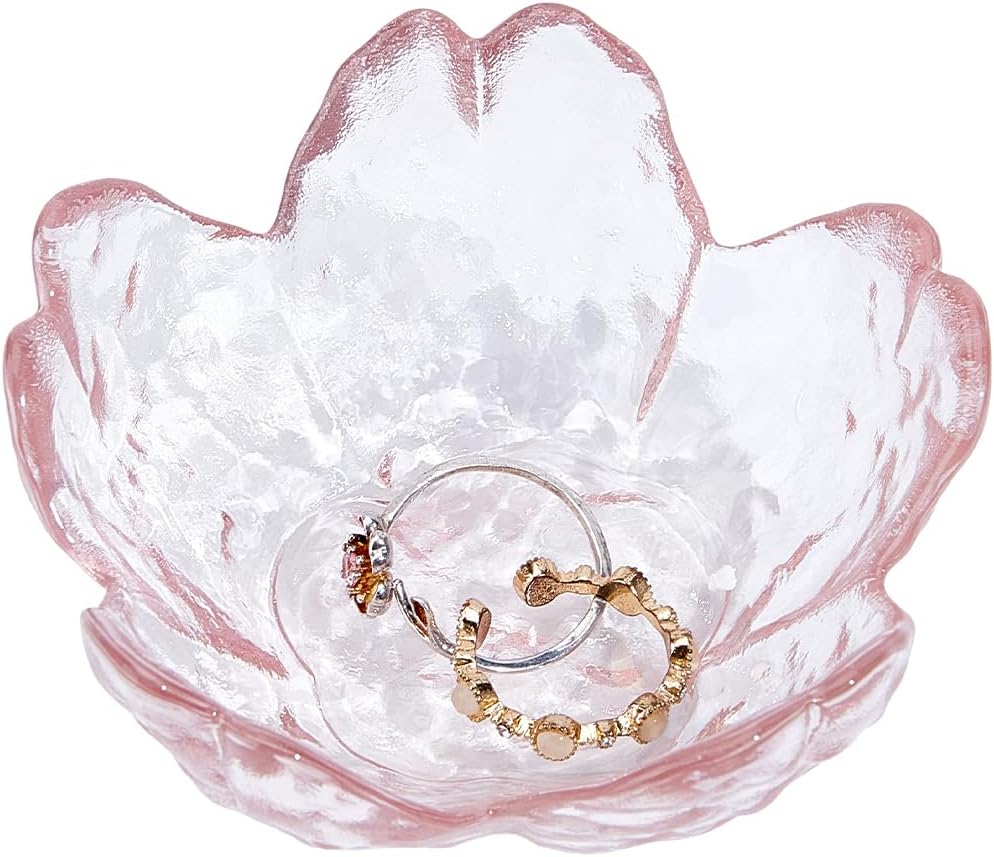 Small Glass Jewelry Tray Sakura Flower Glass Jewelry Dish Ring Dishes for Women Transparent Desktop Jewelry Organize Bedside Cupboard Photography Props Rings Pink 3.3x3.3x1.3 Inch
