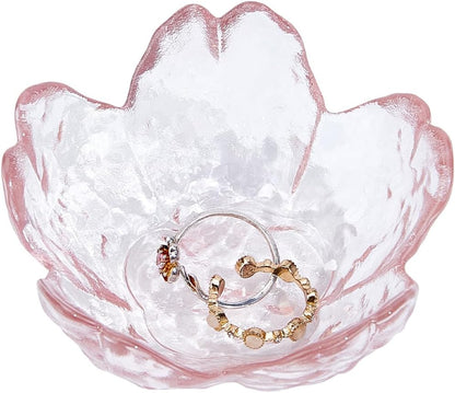 Small Glass Jewelry Tray Sakura Flower Glass Jewelry Dish Ring Dishes for Women Transparent Desktop Jewelry Organize Bedside Cupboard Photography Props Rings Pink 3.3x3.3x1.3 Inch