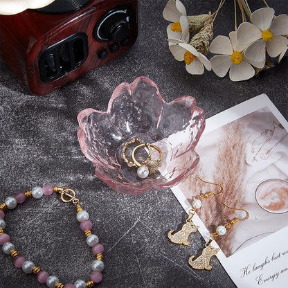 Small Glass Jewelry Tray Sakura Flower Glass Jewelry Dish Ring Dishes for Women Transparent Desktop Jewelry Organize Bedside Cupboard Photography Props Rings Pink 3.3x3.3x1.3 Inch