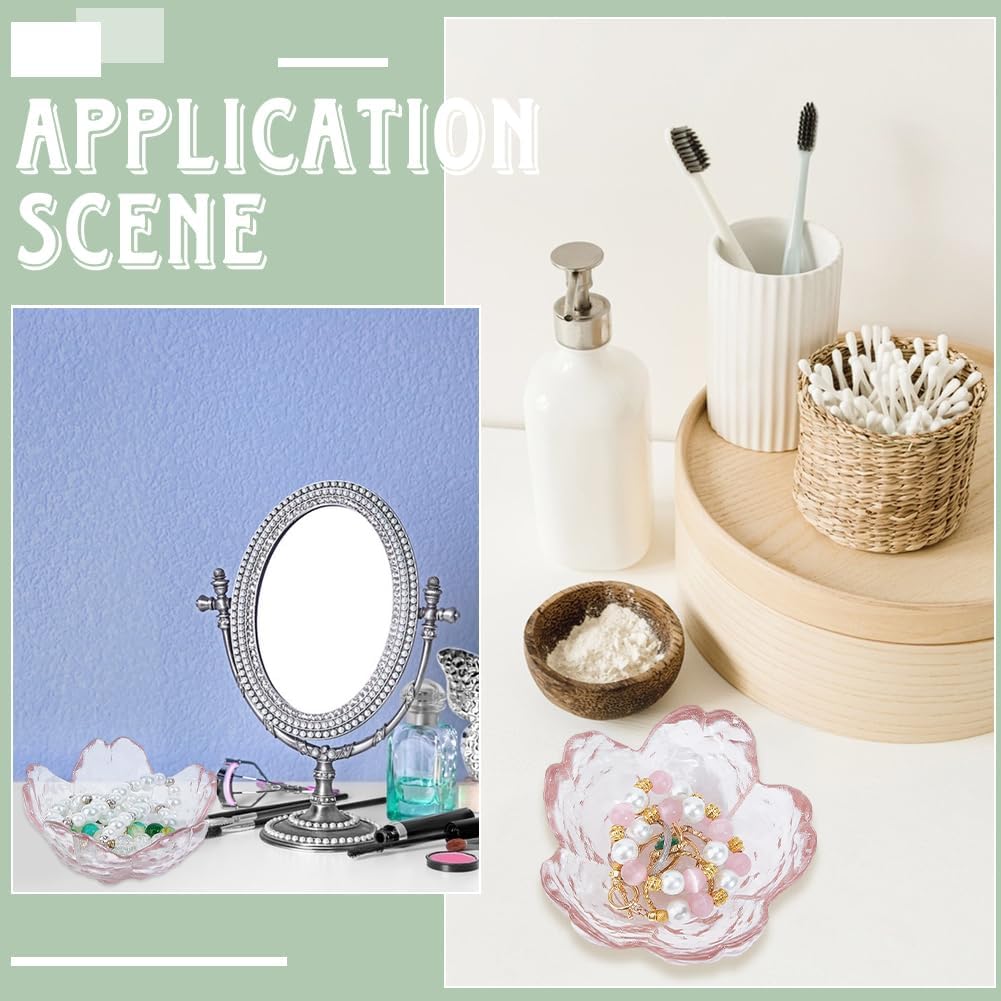 Small Glass Jewelry Tray Sakura Flower Glass Jewelry Dish Ring Dishes for Women Transparent Desktop Jewelry Organize Bedside Cupboard Photography Props Rings Pink 3.3x3.3x1.3 Inch
