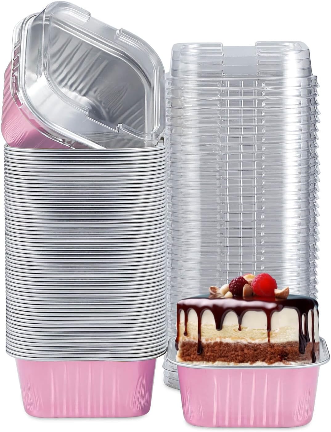 50pcs Mini Aluminum Foil Square Baking Cups, 5oz Disposable Ramekins Reusable Cupcake Cups with Lids for Baking Light Pink