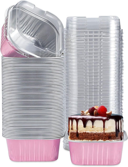50pcs Mini Aluminum Foil Square Baking Cups, 5oz Disposable Ramekins Reusable Cupcake Cups with Lids for Baking Light Pink
