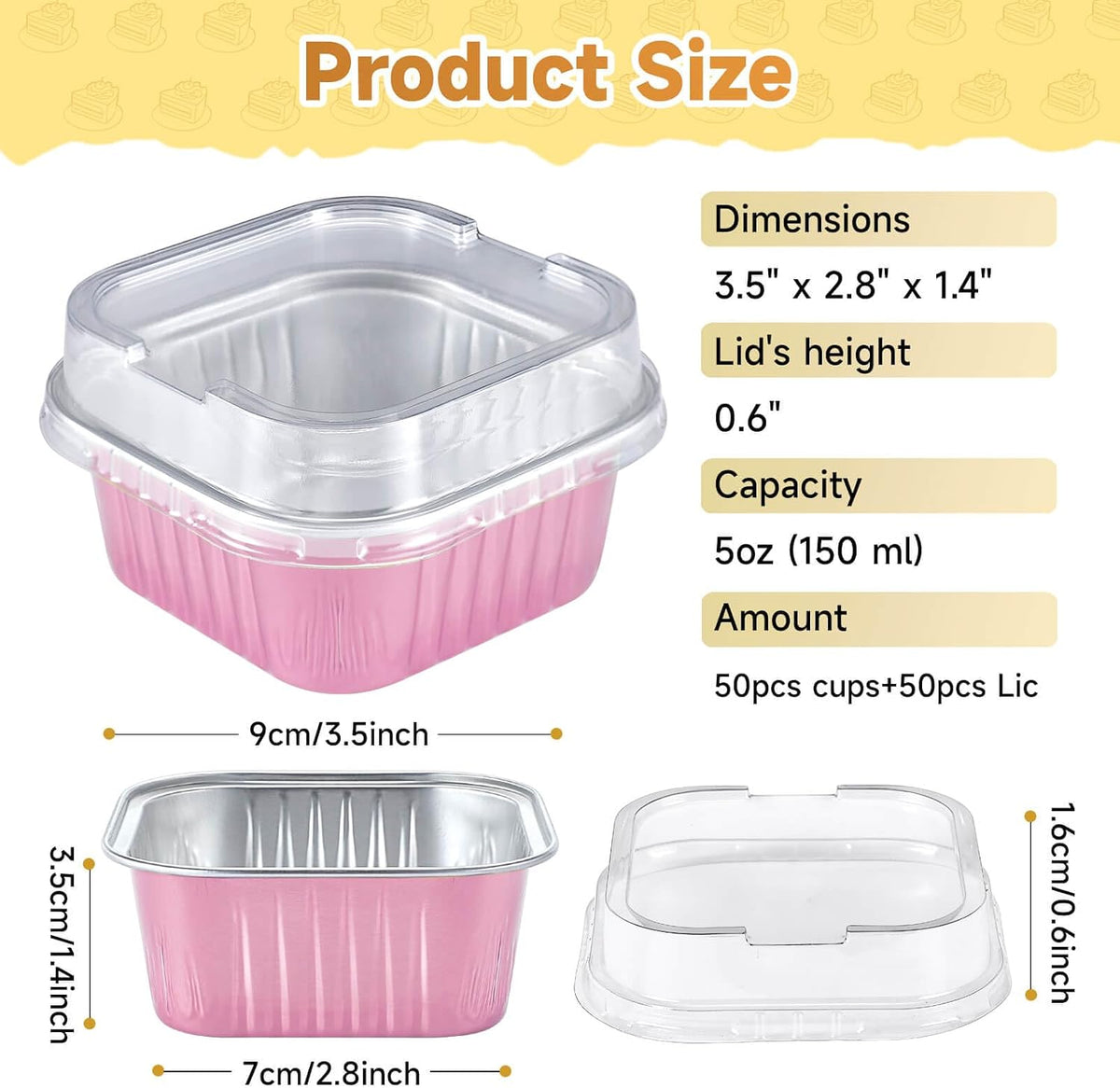 50pcs Mini Aluminum Foil Square Baking Cups, 5oz Disposable Ramekins Reusable Cupcake Cups with Lids for Baking Light Pink