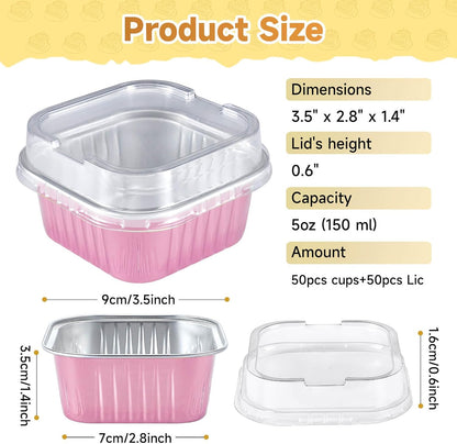 50pcs Mini Aluminum Foil Square Baking Cups, 5oz Disposable Ramekins Reusable Cupcake Cups with Lids for Baking Light Pink