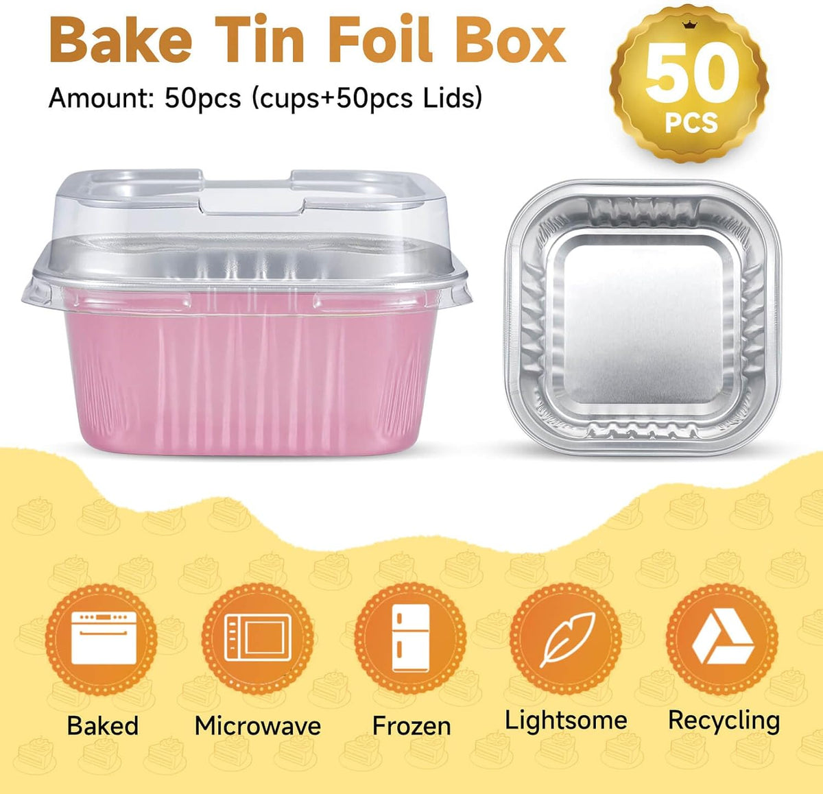50pcs Mini Aluminum Foil Square Baking Cups, 5oz Disposable Ramekins Reusable Cupcake Cups with Lids for Baking Light Pink