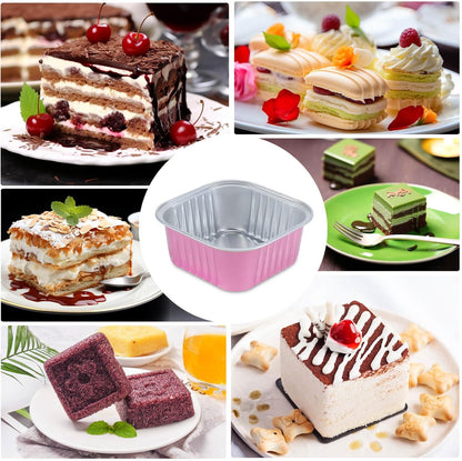 50pcs Mini Aluminum Foil Square Baking Cups, 5oz Disposable Ramekins Reusable Cupcake Cups with Lids for Baking Light Pink