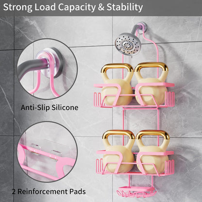 Shower Caddy Hanging, Pink Over the Shower Head Caddy with Soap Holder, Bathroom Organizer with Hooks for Razors and Bath Sponges