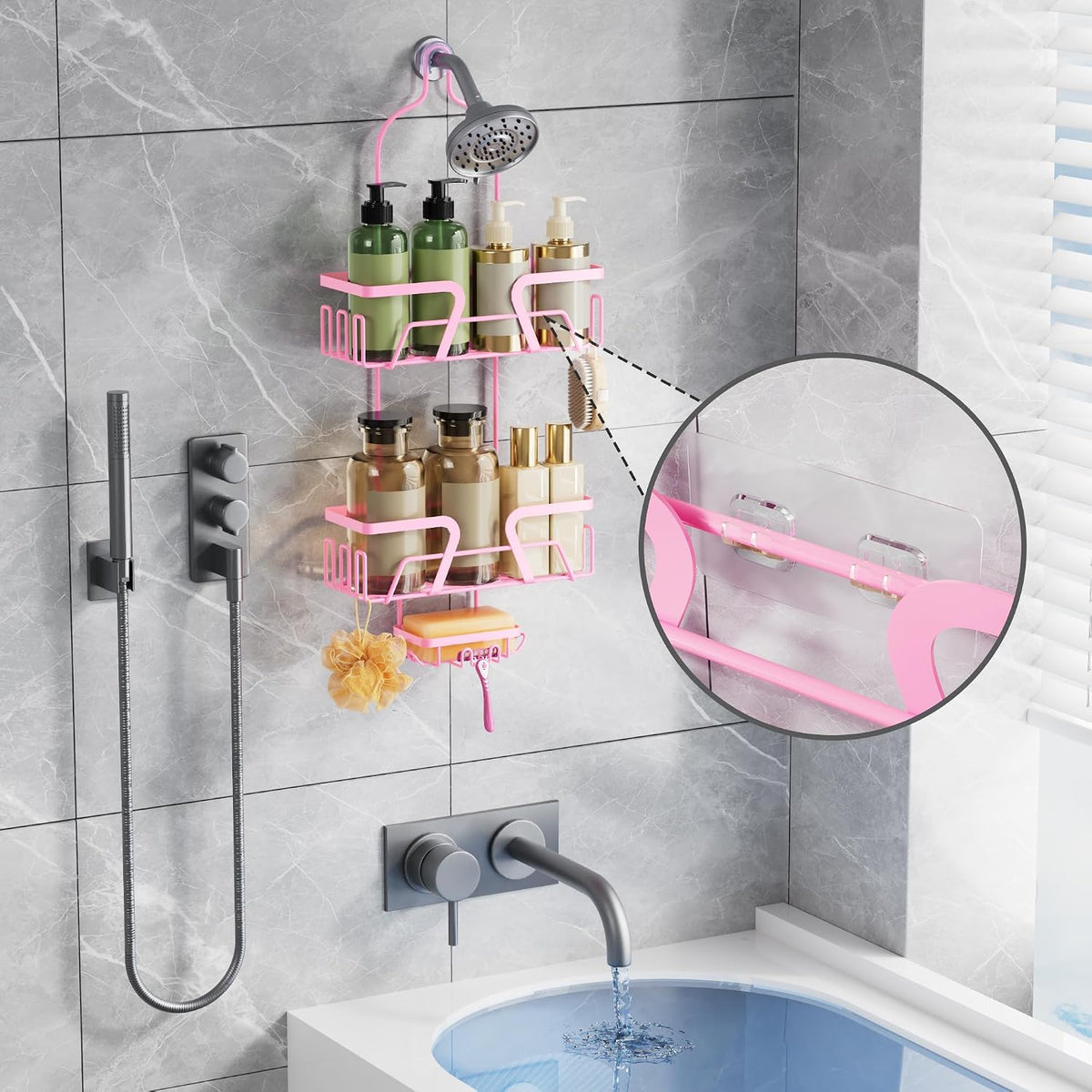 Shower Caddy Hanging, Pink Over the Shower Head Caddy with Soap Holder, Bathroom Organizer with Hooks for Razors and Bath Sponges