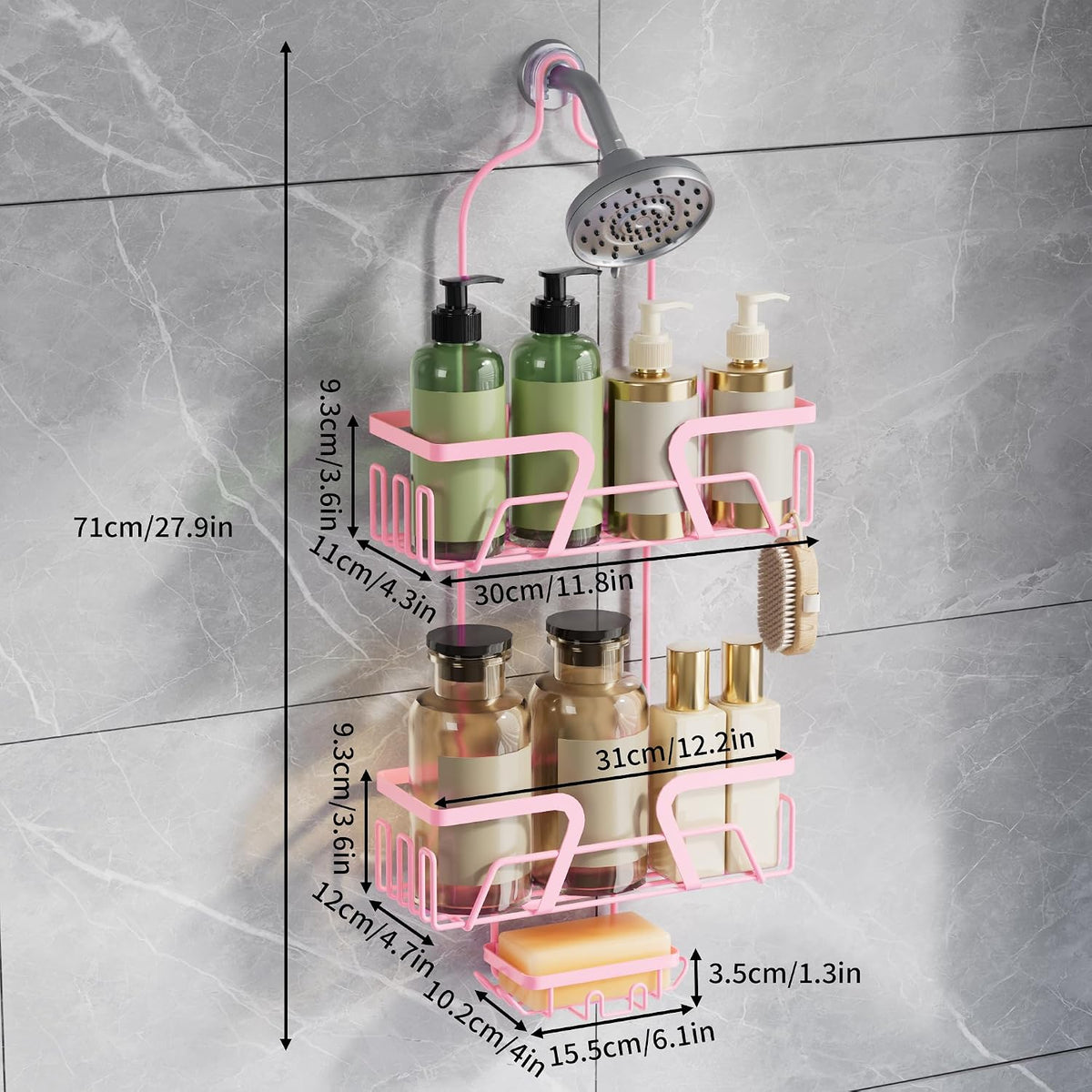 Shower Caddy Hanging, Pink Over the Shower Head Caddy with Soap Holder, Bathroom Organizer with Hooks for Razors and Bath Sponges