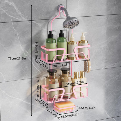 Shower Caddy Hanging, Pink Over the Shower Head Caddy with Soap Holder, Bathroom Organizer with Hooks for Razors and Bath Sponges
