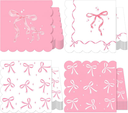 Dunzoom 50 Pcs Bow Napkins Bachelorette Party Bow Theme Party Decorations Bridal Engagement Baby Shower Tableware Supplies Girls Birthday Paper Napkins Decor 5 x 5 Inches(Pink Bow)