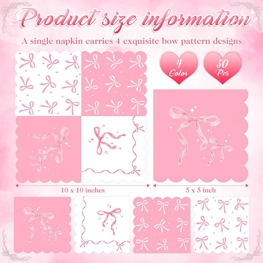 Dunzoom 50 Pcs Bow Napkins Bachelorette Party Bow Theme Party Decorations Bridal Engagement Baby Shower Tableware Supplies Girls Birthday Paper Napkins Decor 5 x 5 Inches(Pink Bow)