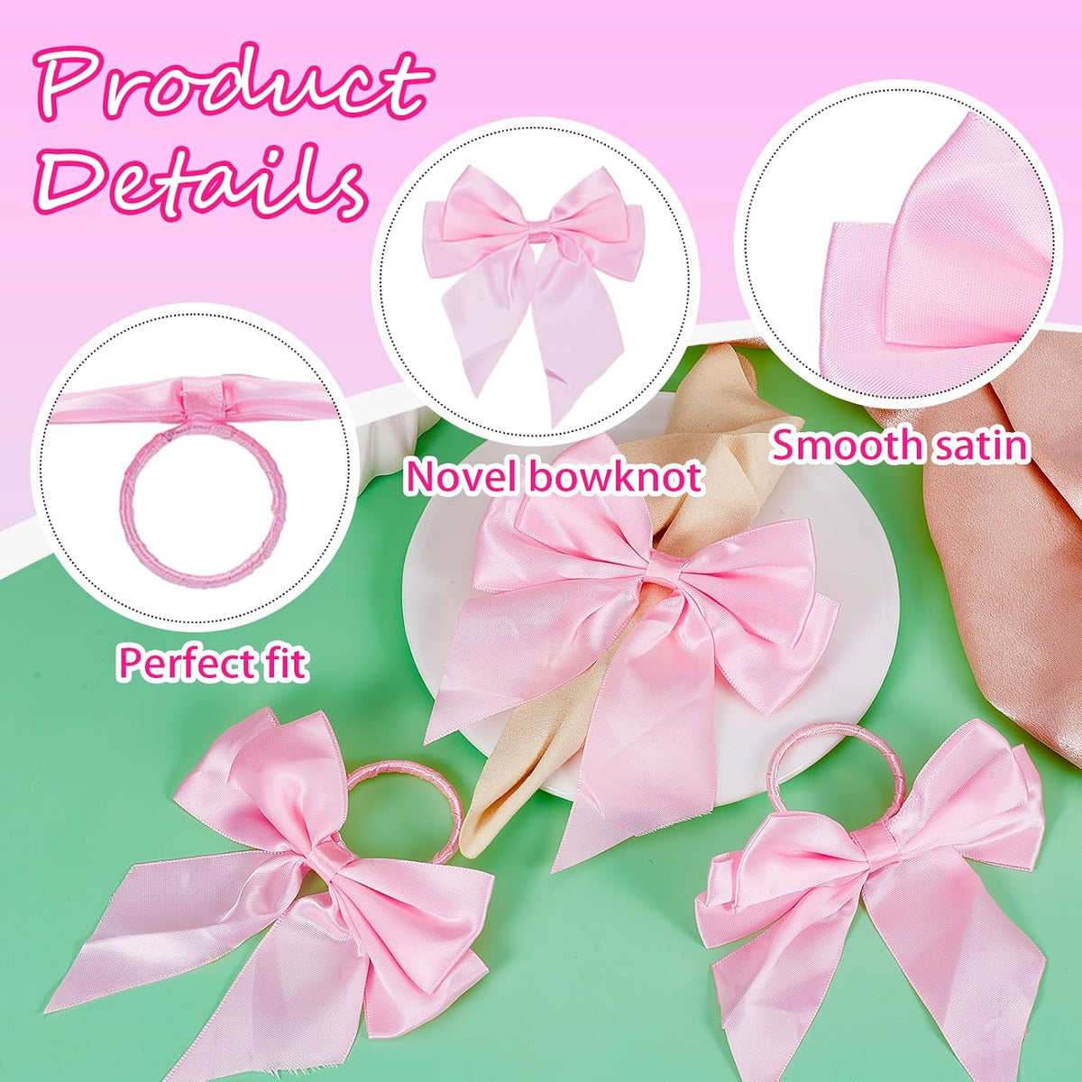 10 PCS Bow Napkin Ring Set, 4.02 X 4.53 Inch Pink Bowknot Dinner Table Ring, Chic Satin Napkin Buckle for Coquette Party Bachelorette Bridal