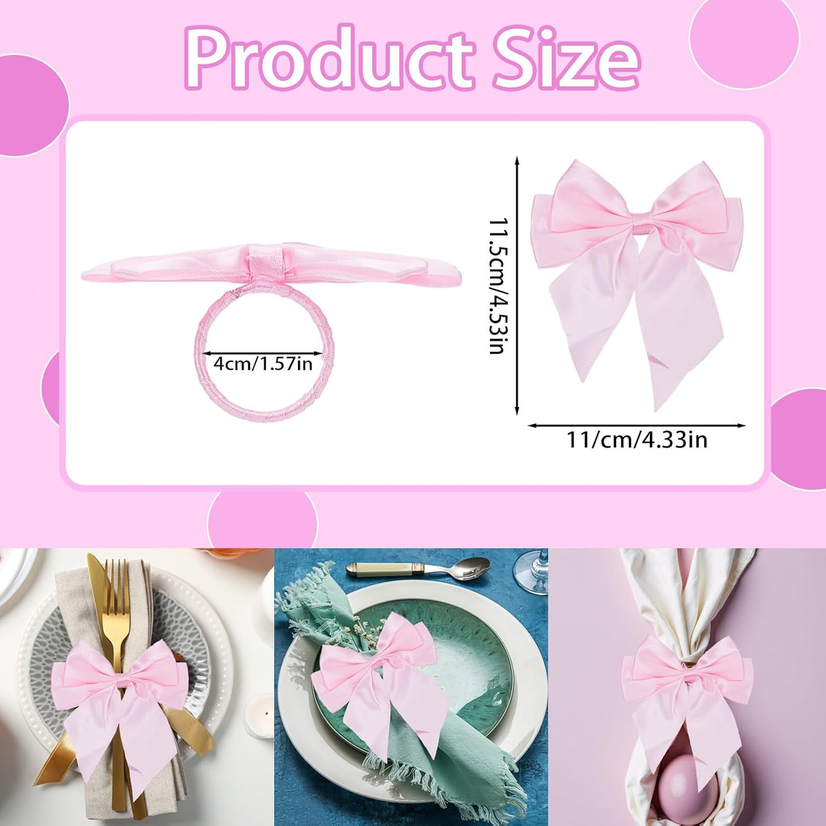 10 PCS Bow Napkin Ring Set, 4.02 X 4.53 Inch Pink Bowknot Dinner Table Ring, Chic Satin Napkin Buckle for Coquette Party Bachelorette Bridal
