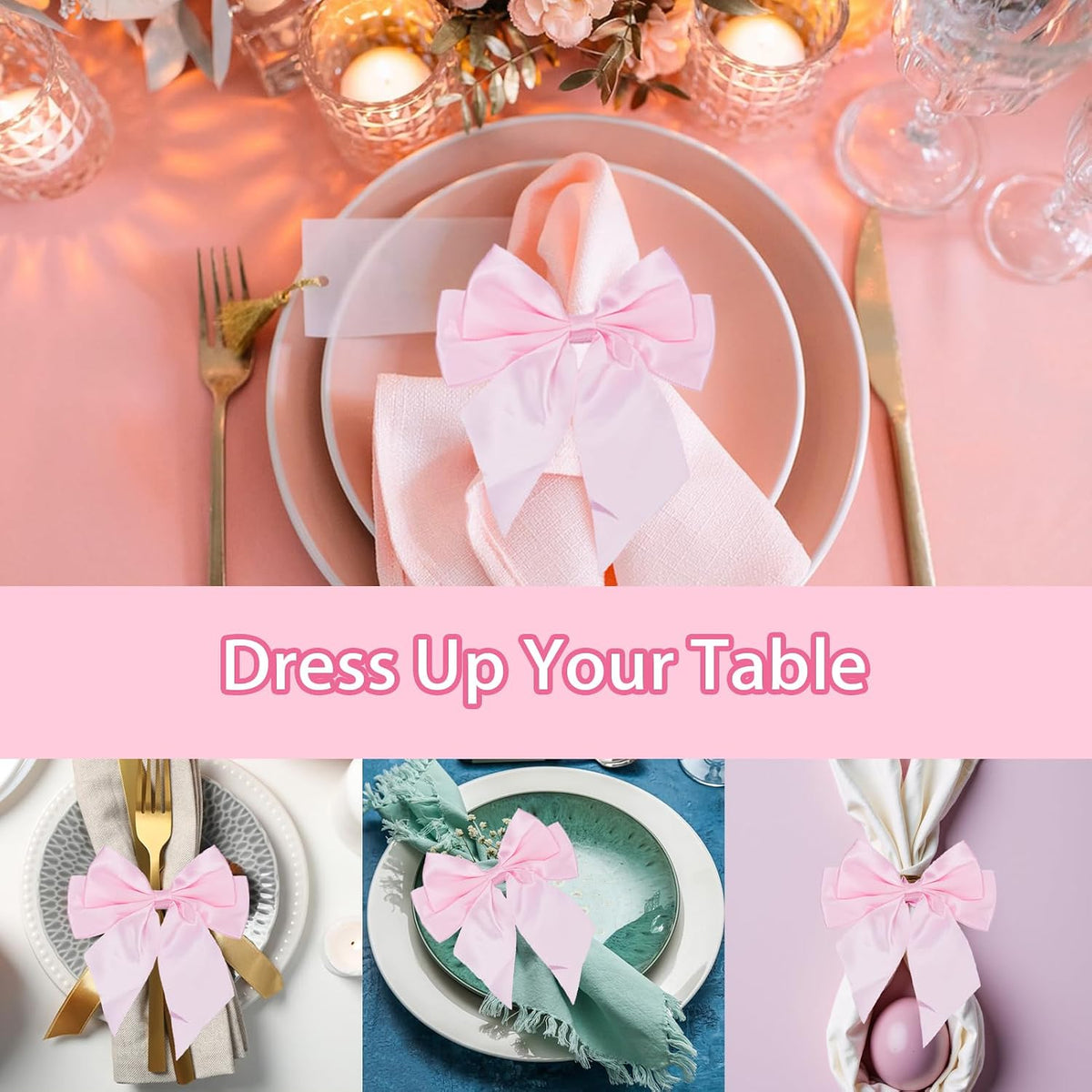 10 PCS Bow Napkin Ring Set, 4.02 X 4.53 Inch Pink Bowknot Dinner Table Ring, Chic Satin Napkin Buckle for Coquette Party Bachelorette Bridal