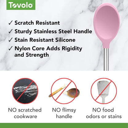 Silicone Mixing Spoon with Stainless Steel Handle Pink Sorbet, Dishwasher Safe Heat Resistant Scratch Resistant Silicone Stirring Cooking Spoon for Nonstick Cookware Kitchen Utensils