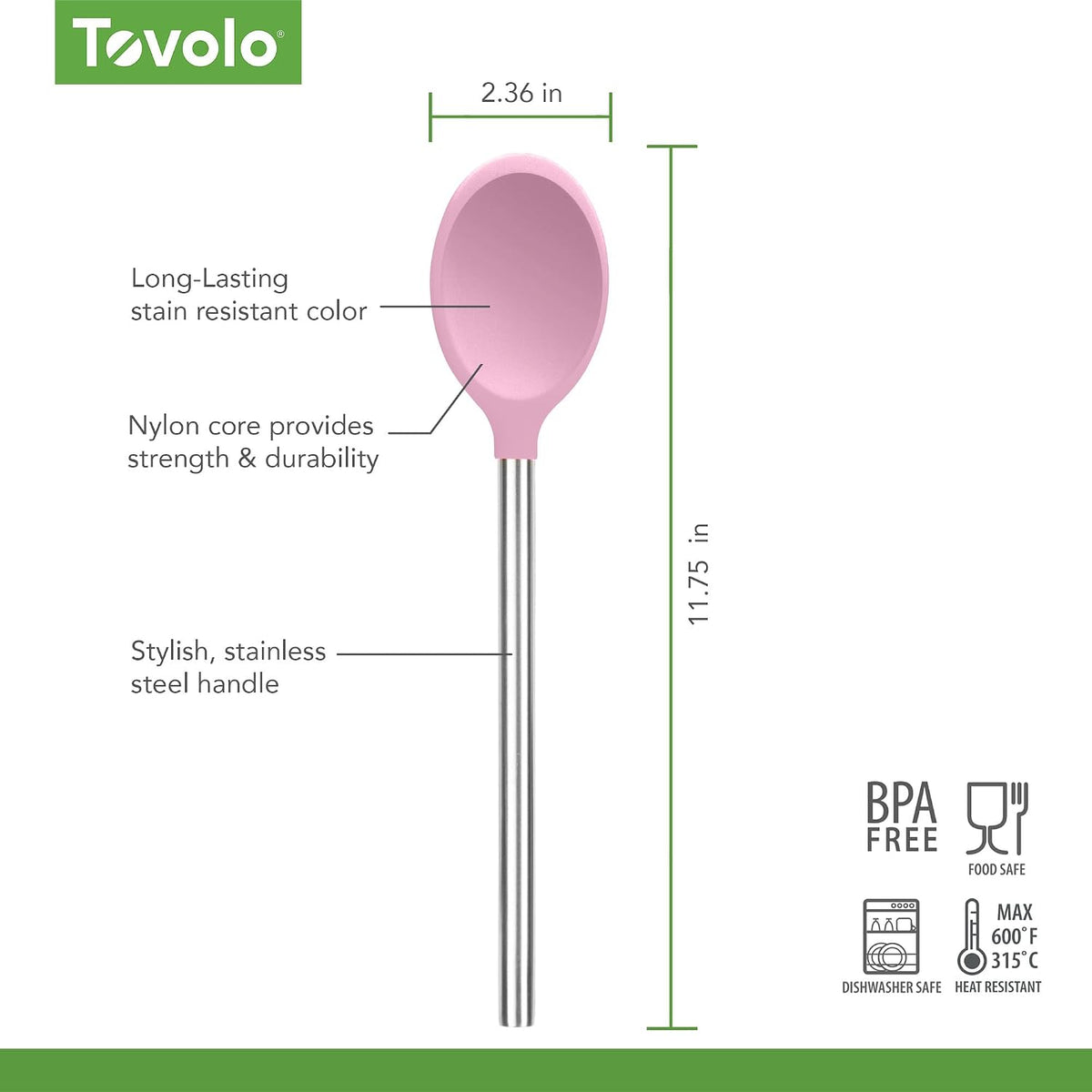 Silicone Mixing Spoon with Stainless Steel Handle Pink Sorbet, Dishwasher Safe Heat Resistant Scratch Resistant Silicone Stirring Cooking Spoon for Nonstick Cookware Kitchen Utensils