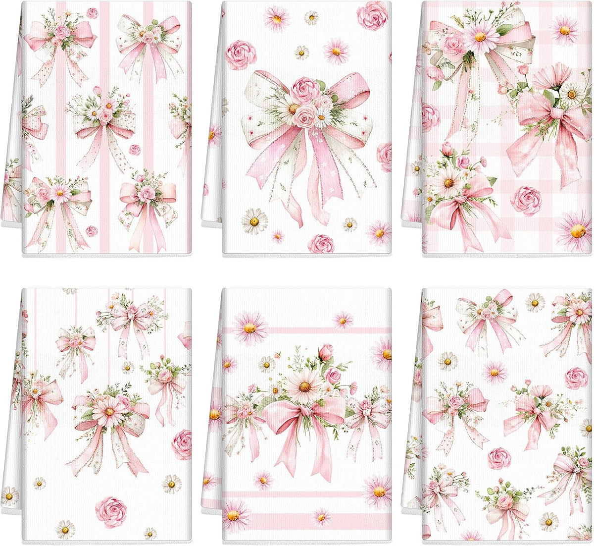 6 Pack Pink Bow Kitchen Towels, Floral Dish Towels, 14x21