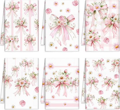 6 Pack Pink Bow Kitchen Towels, Floral Dish Towels, 14x21