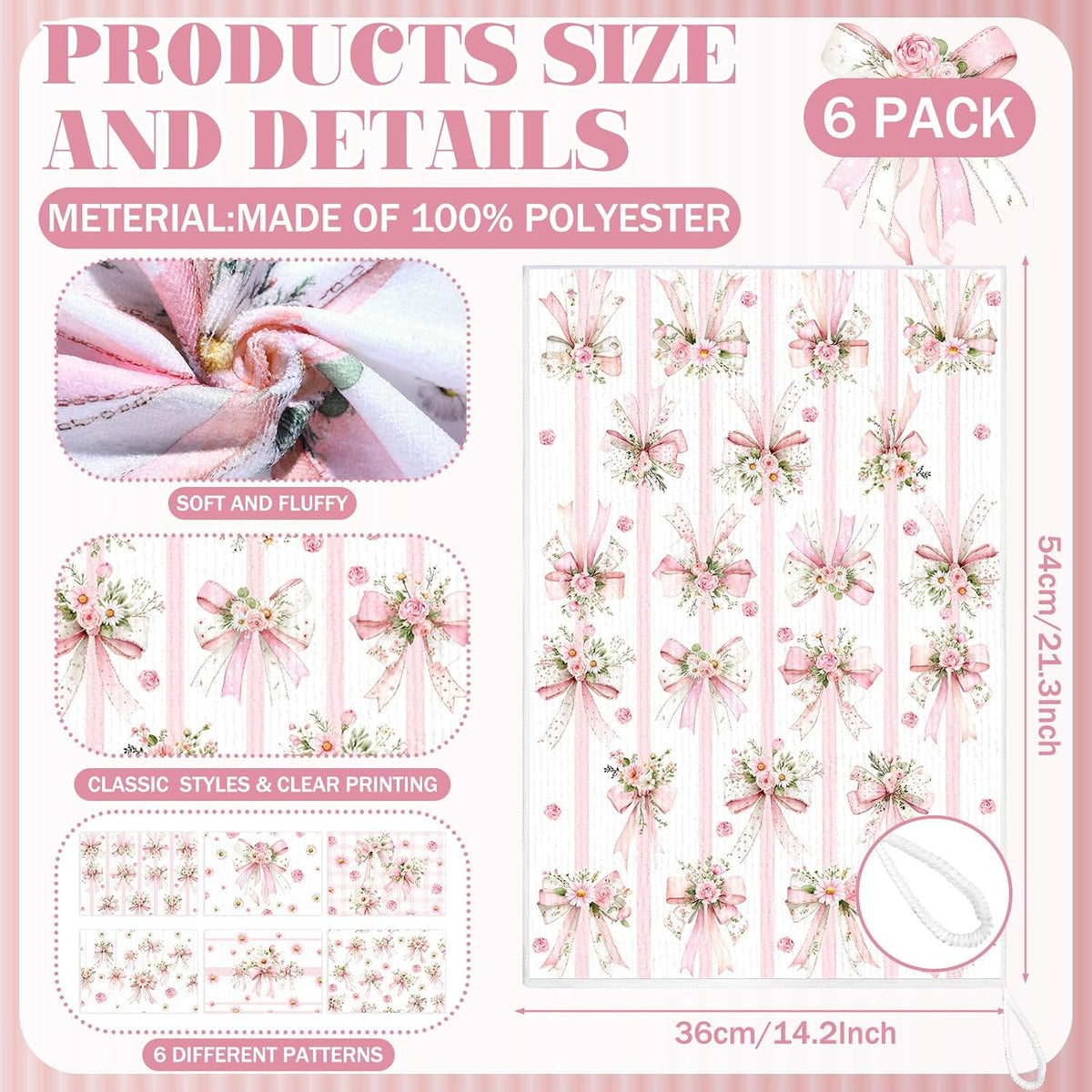 6 Pack Pink Bow Kitchen Towels, Floral Dish Towels, 14x21